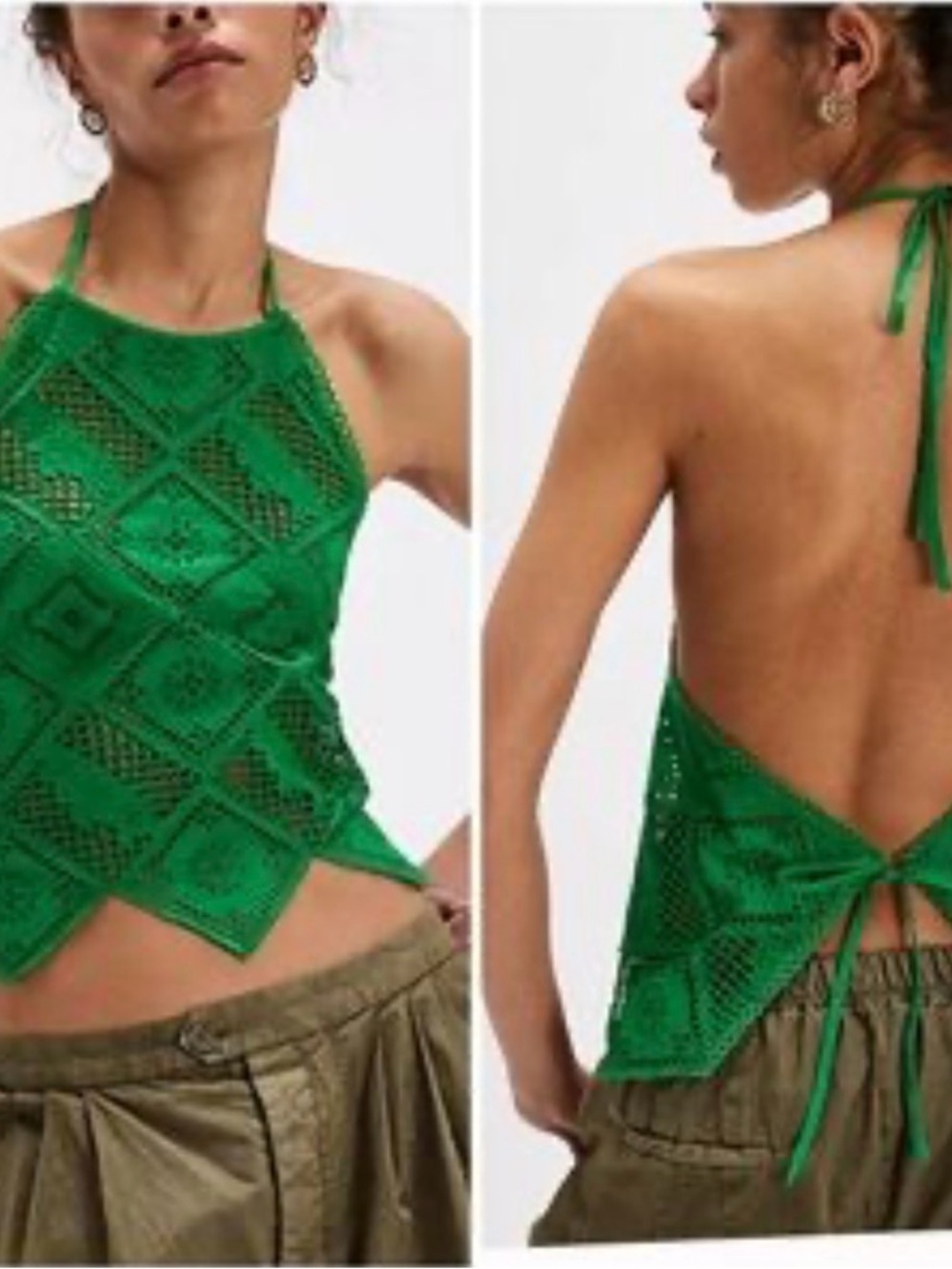Free People Emerald Green Crochet Halter Tie-Back Top